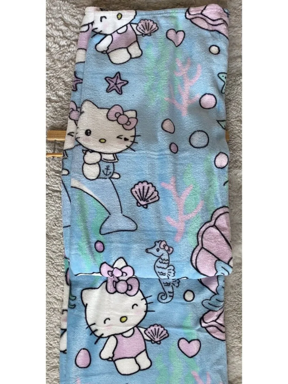 Hello Kitty Mermaid Dolphin Jellyfish Soft Throw Blanket Blue Pink 50” X 70” NEW